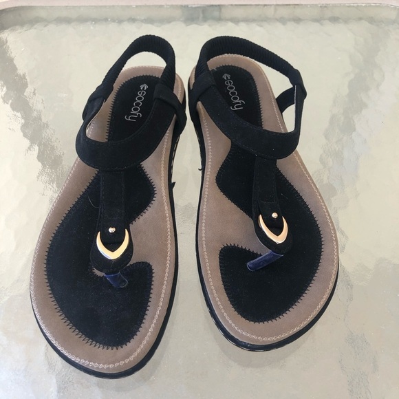 Socofy Black Suede Sandals w/ gold hardware - Picture 7 of 10